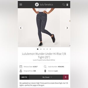 Like New Lululemon Wunder Under Hi-Rise 7/8
Tight (25")